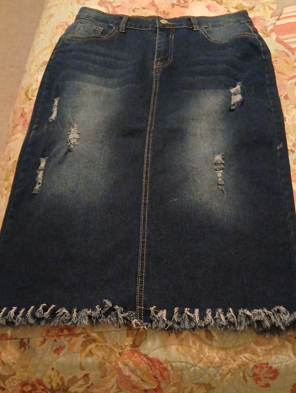 Dark Blue Distressed Denim Midi Skirt